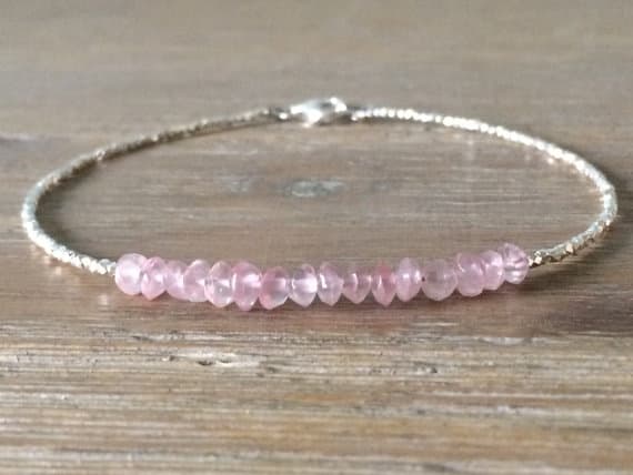 AAA++ Rare Quality Rose Quartz and Karen Hill Tribe Silver Plated Bracelet , Beaded bracelet, Gemstone bracelet 3mm Code- TJH23