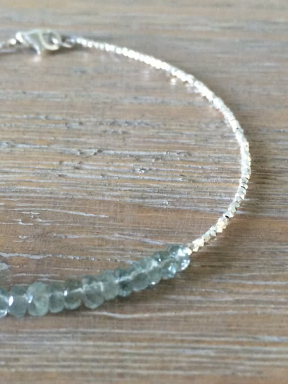 AAA++ Rare Quality Moss Aquamarine and Karen Hill Tribe Silver Plated Bracelet , Beaded March Birthstone Gemstone Bracelet 4-5 mm Code- TJH15