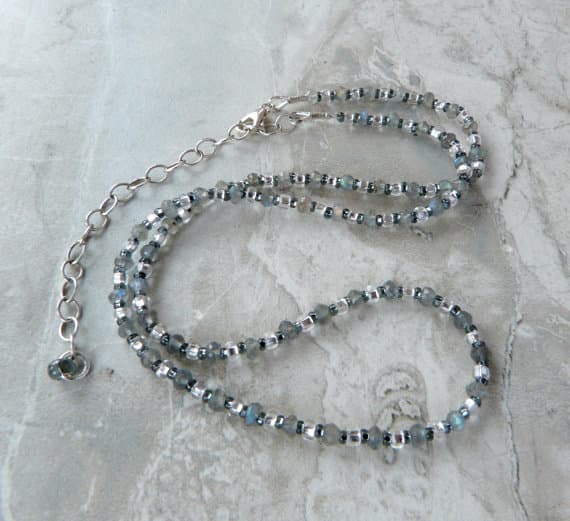 Labradorite Gemstone Necklace with Gray and Silver Czech Silver Lined Accent Beads, Handmade, Adjustable Length, Sterling Clasp 4mm  Code- WAR6829
