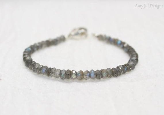 925 sterling Silver Positive Energy 4mm stacking Gray Labradorite Bracelet Rondelle, Faceted 7" for mens, womens, gf, bf & Adult.