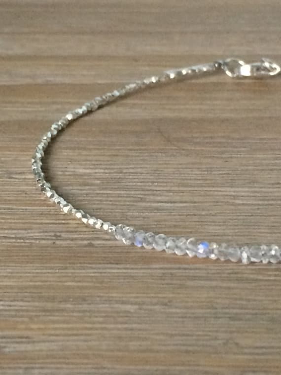 AAA++ Rare Quality Rainbow Moonstone and Fine Silver Plated Bracelet , Beaded Gemstone Bracelet 2.5 mm Code- TJH17