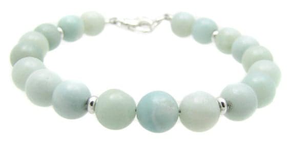 925 sterling Silver Jewelry Energy 8mm stacking Blue Amazonite Bracelet Round, Smooth 7" for mens, womens, gf, bf & Adult.