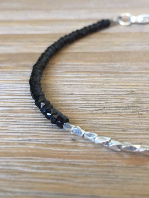 AAA++ Rare Quality Back Spinel and Unique Karen Hill Tribe Silver Plated Bracelet , Beaded Gemstone Bracelet 3 mm Code- TJH35