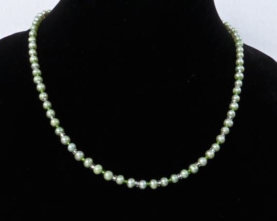Pale Green Pearl Strand Necklace w 925 Sterling Silver, Handmade, Real Pearls in Spring Colors, June Birthstone, Contemporary Pearls 4.5-5mm Code- WAR6826