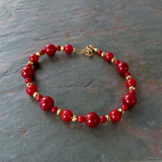 Red Coral Bracelet with Gold Pyrite Accents and 14K Gold Filled Clasp, Handmade 7mm, 5mm, and 3mm Code- WAR6849