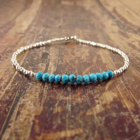 925 sterling silver Dainty Slave Loose 3.5mm Blue Turquoise stacking Bracelet Round, faceted 18cm for mens, womens, gf, bf and adults.