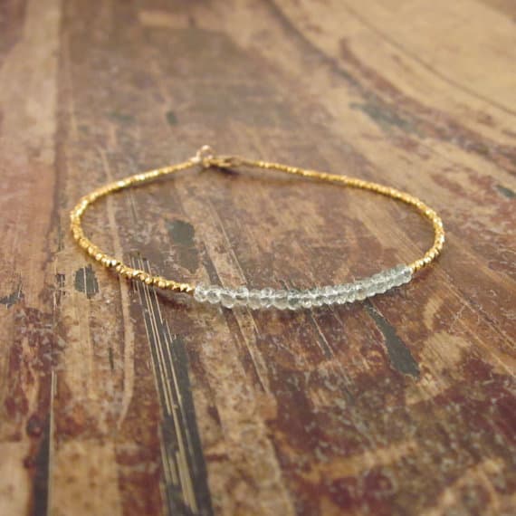 24k gold Handmade Beaded 2mm Blue Aquamarine stacking Bracelet Rondelle, Faceted 18cm for mens, womens, gf, bf and adults.