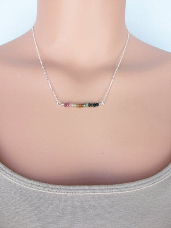 Tourmaline Sterling Silver Bar Pendant Sterling Silver Chain Unique Bar Multi Tourmaline Gemstone Necklace Different Sterling Necklace 3mm Code- WAR9083