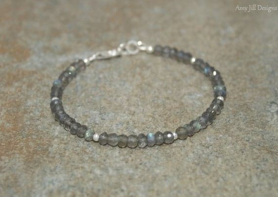 925 sterling Silver Personalized Gift 3.5mm stacking Gray Labradorite Bracelet Rondelle, Faceted 7" for mens, womens, gf, bf & Adult.