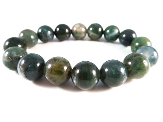 Blush Jewelry 12mm Stretchable Green Moss Agate Bracelet Round, Smooth 7.5" for mens, womens, gf, bf & Adult.