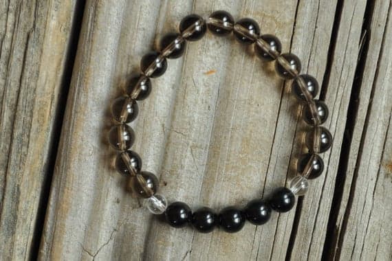 Unique Wedding Gift 8mm Stretchable Multi Obsidian, Smokey Quartz Bracelet Round, Smooth 7" for mens, womens, GF, BF, Adults.