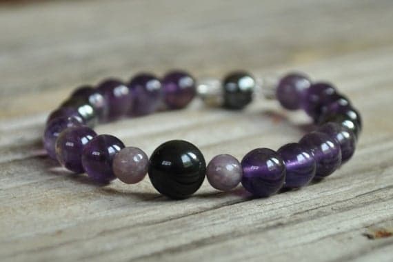 Blush Jewelry 10mm Stretchable Multi Obsidian, Lepidolite, Hematite, Amethyst Bracelet Round, Smooth 7.5" for mens, womens, GF, BF, Adults.