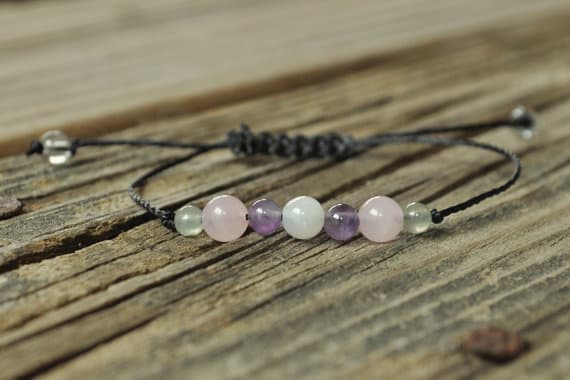 Anxiety Gemstone, Crystal Helling 6mm adjustable Multi Moonstone, Amethyst, Rose Quartz, Aventurine Bracelet Round, Smooth 7" for mens, womens, GF, BF, Adults.
