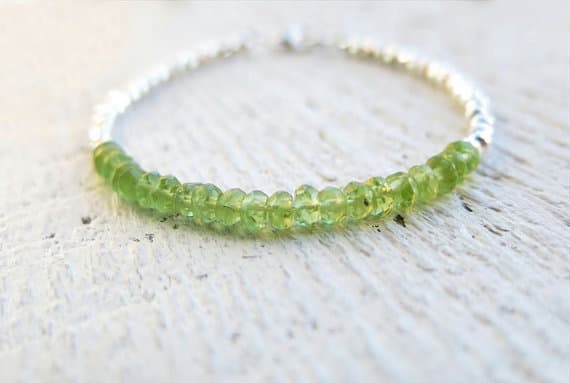 925 sterling Silver good luck gift Silver Helling 4x3mm stacking Green Peridot Bracelet Rondelle, Faceted 7" for mens, womens, gf, bf & Adult.
