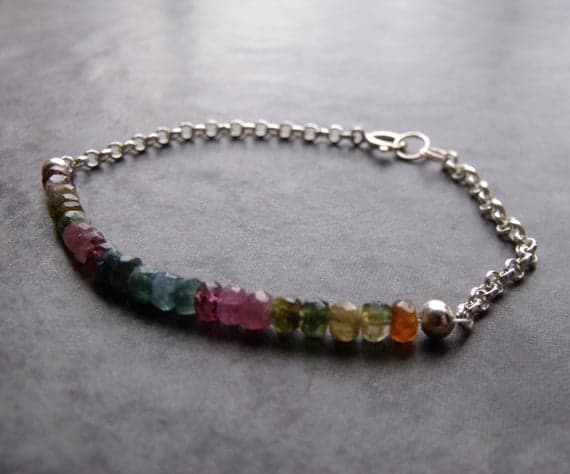 Multi Coloured Tourmaline Rondelles and Sterling Silver Chain Stacking Bracelet 3-4mm Code- WAR6493