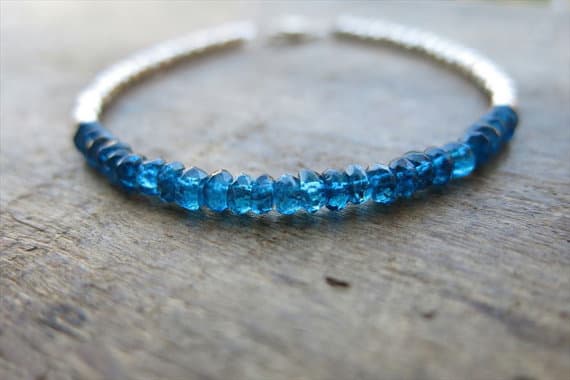 925 sterling Silver Dainty Slave Loose 3-4mm stacking Blue Apatite Bracelet Rondelle, Faceted 7" for mens, womens, gf, bf & Adult.