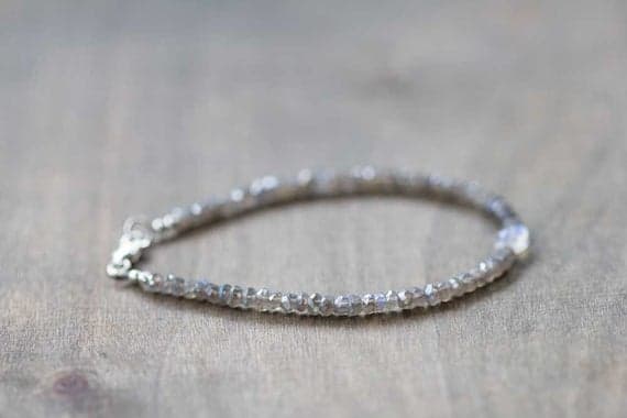 925 sterling silver Dainty Slave Loose 3.5mm Gray Labradorite &  Moonstone stacking Bracelet Rondelle, Faceted 18cm for mens, womens, gf, bf and adults.
