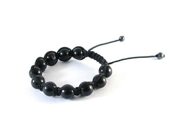 Blush Jewelry 10mm Adjustable Black Black Onyx Bracelet Round, Smooth 7.5" for mens, womens.