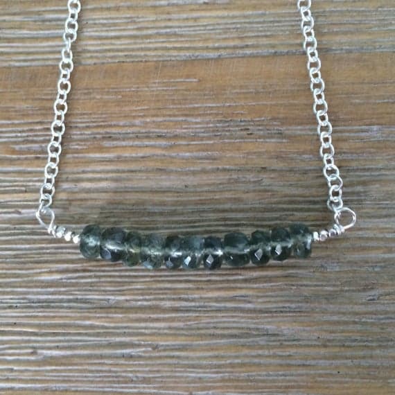 AAA++ Rare Quality Moss Aquamarine bar Necklace with Karen Hill Tribe beads pendant, Sterling Silver PlatedChain, Gemstone necklace, March birthstone necklace 4-5mm Code- TJH43