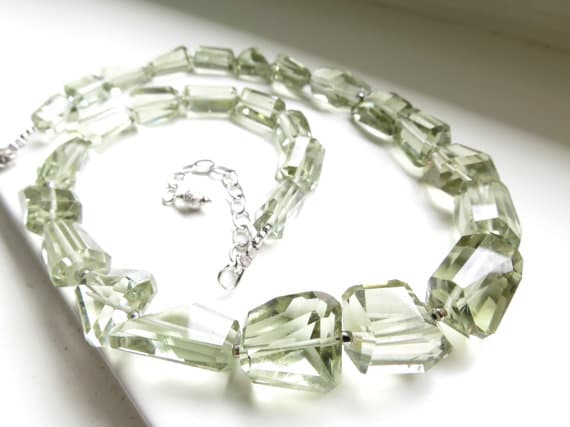 925 sterling Silver memorial gift Silver Helling Balls 12-18mm stacking Green BIG Prasiolite green Amethyst Necklace Nuggest, Faceted 17" for mens, womens.