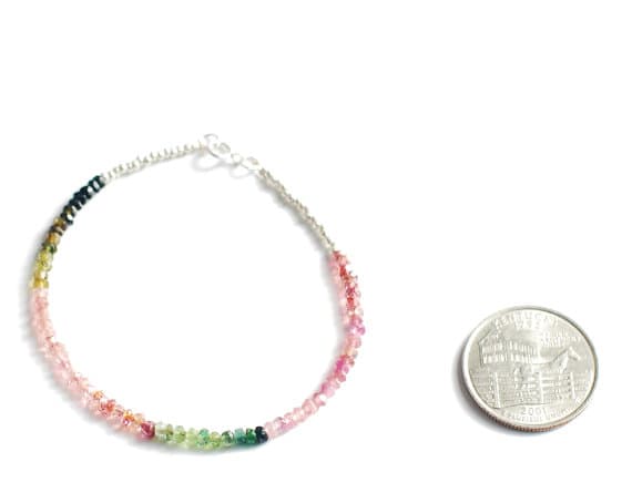 925 sterling Silver Positive Energy Silver helling 2-3mm stacking Multi Watermelon Tourmaline  Bracelet Rondelle, Faceted 7" for mens, womens, gf, bf & Adult.