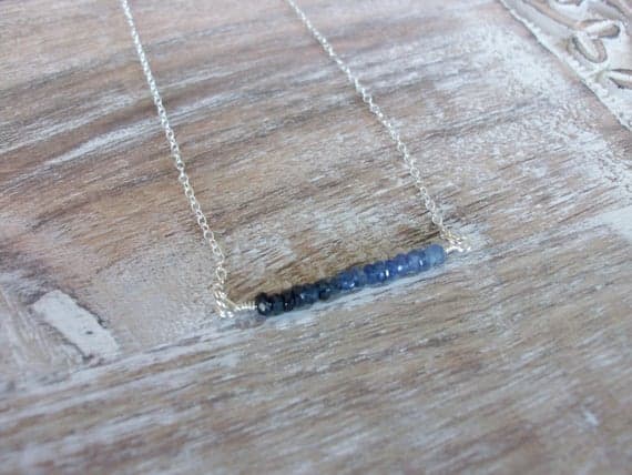 Sapphire Ombre Sterling Silver Bar Pendant on a Sterling Silver Chain Unique Bar Beaded Sapphire Necklace 3mm Code- WAR9081