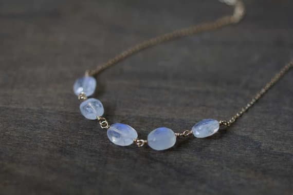 24k gold good luck gift 7-8mm White Rainbow Moonstone stacking Necklace Oval, Faceted 16inch for mens, womens, gf, bf and adults.