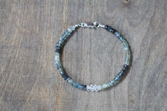 AAA++ Rare Quality Moss Aquamarine Bracelet with Herkimer Diamonds, Delicate Quartz Crystal Jewelry, Beaded Shaded Moss Aquamarine Jewelry, Sterling Silver Plated4-4.25mm 7 inches Code- TJH498