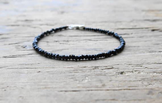 925 sterling Silver Natural 3mm stacking Black black spinel Bracelet Round, Faceted 7" for mens, womens, gf, bf & Adult.