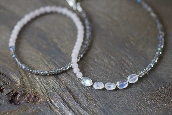 925 sterling silver Artisan Loose 3-7mm Multi Colour Rose Quartz & Labradorite & Rainbow Moonstone stacking Necklace Rondelle, Smooth 16inch for mens, womens, gf, bf and adults.