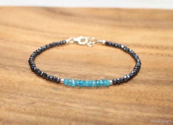 925 sterling Silver Grounding Silver Helling  3-3.5mm stacking Black & Blue Neon Apatite and Mystic Black Spinel  Bracelet Rondelle, Faceted 7" for mens, womens, gf, bf & Adult.