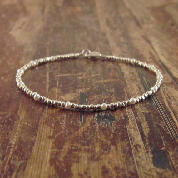 925 sterling silver Unique Wedding Gift 2MM White Pearl stacking Bracelet Round, Smooth 18cm for mens, womens, gf, bf and adults.