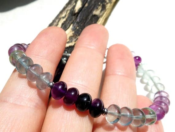 925 sterling Silver Personalized Gift 6.5mm stacking Multi Fluorite Bracelet Rondelle, Smooth 7" for mens, womens.