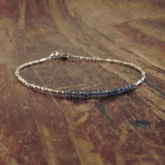 925 sterling silver Natural 2mm Blue Sapphire stacking Bracelet Rondelle, Faceted 18cm for mens, womens, gf, bf and adults.