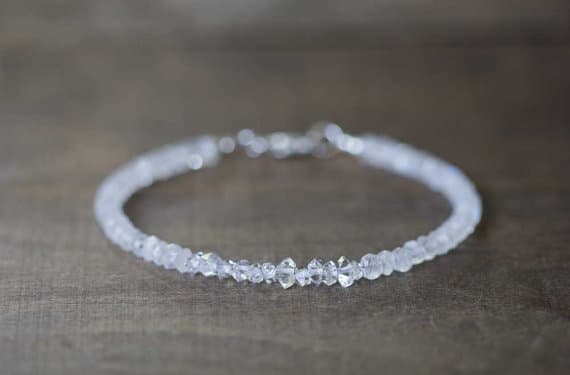 925 sterling silver memorial gift 4-4.5mm White Rainbow Moonstone & Herkimer Diamond stacking Bracelet Rondelle , Faceted 18cm for mens, womens, gf, bf and adults.