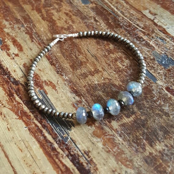 925 sterling silver Galaxy Jewelry 8x4mm Gray Labradorite & Pyrite &  Black Spinel stacking Bracelet Rondelle, Faceted 18cm for mens, womens, gf, bf and adults.