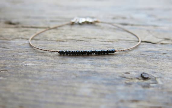 24k gold Plated Grounding 2-3mm stacking Black Black spinel Bracelet Round, Faceted 7" for mens, womens, gf, bf & Adult.