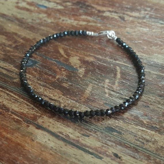 925 sterling silver Handmade Beaded 3mm black Black Spinel stacking Bracelet Round, faceted 18cm for mens, womens, gf, bf and adults.