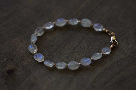 24k gold Natural 6-8mm White Rainbow Moonstone  stacking Bracelet Oval, Smooth 18cm for mens, womens, gf, bf and adults.
