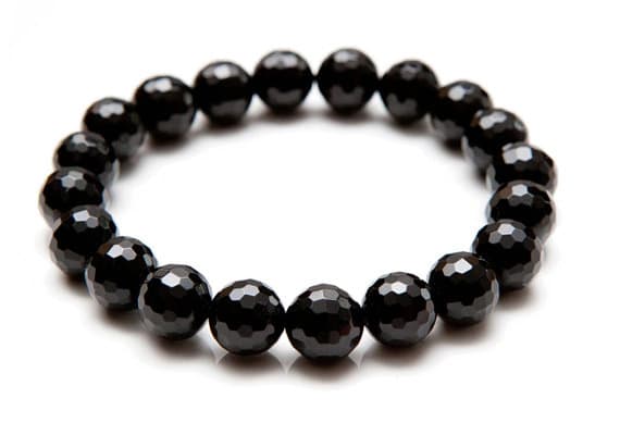 Handmade Beaded 10mm Black Black Onyx Stretchable Bracelet Round, Faceted 18cm for mens, womens, gf, bf and adults.
