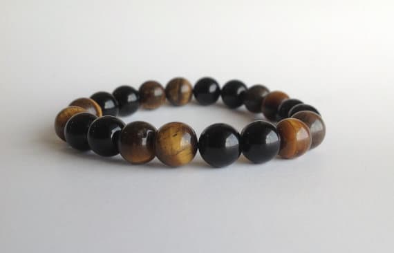 Anxiety Gemstone 10mm Stretchable Multi Black Onyx & Tigers Eye Bracelet Round, Smooth 7.5" for mens, womens.