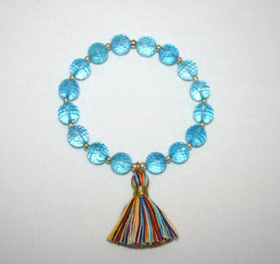 BLUE QUARTZ TASSEL Faceted Bracelet...Yoga,Prayer,Mala Bracelet 12mm Code- WAR6016
