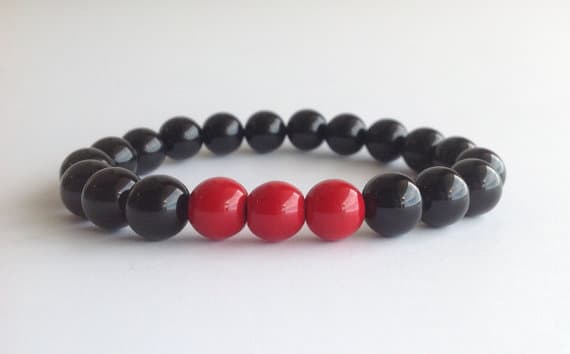 Anxiety Relief Calming 10mm Stretchable Black & Red Black Onyx, Dyed Red Jade Bracelet Round, Smooth 7.5" for mens, womens.