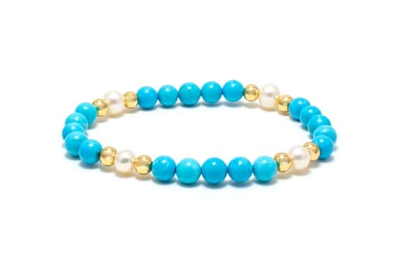 Turquoise Pearl Bracelet/ Turquoise and Freshwater Pearl Bracelet/ Pearl and Turquoise Jewelry/ Gold Pearl Bracelet 6mm Code- WAR9056