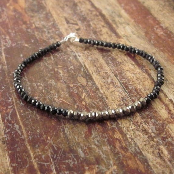 925 sterling silver memorial gift 3.5mm Multi Colour Pyrite & Black Spinel  stacking Bracelet Rondelle, Faceted 18cm for mens, womens, gf, bf and adults.