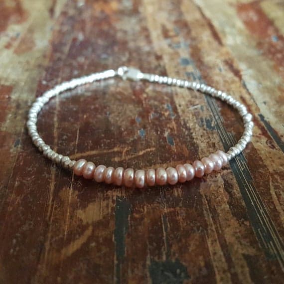 925 sterling silver chakras simple 3.5mm Pink Pearl stacking Bracelet Rondelle, Smooth 18cm for mens, womens, gf, bf and adults.