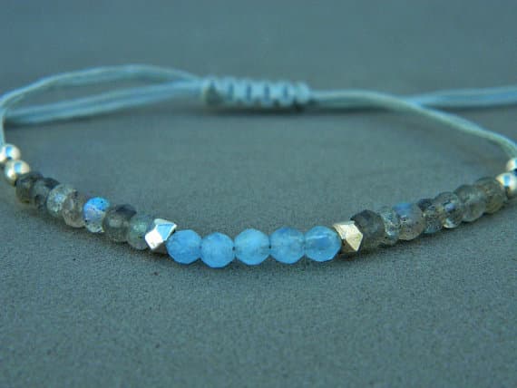Artisan Loose 3 mm Adjustable Grey & Blue Labradorite & Aquamarine Bracelet Rondelle, Faceted 7" for mens, womens, GF, BF, Adults.