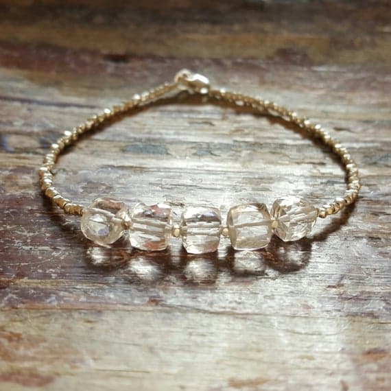 925 sterling silver Bridesmaid Jewelry 6mm White Quartz stacking Bracelet Cube , Faceted 18cm for mens, womens, gf, bf and adults.