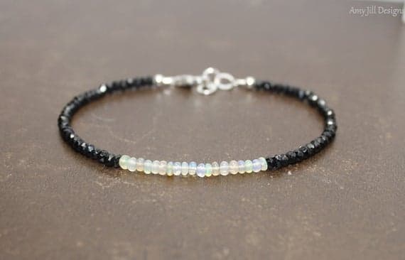 925 sterling Silver Unique Wedding Gift 3mm stacking Black & White Black Spinel and Ethiopian Opal Bracelet Rondelle, Faceted & Smooth 7" for mens, womens, gf, bf & Adult.