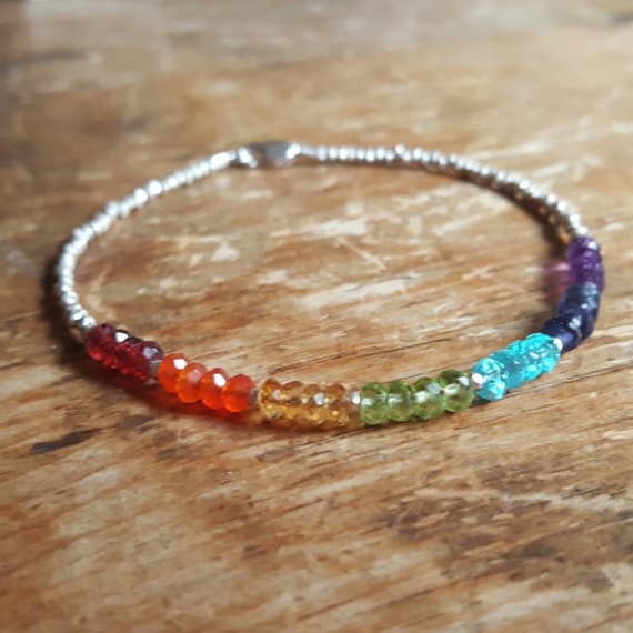 925 sterling silver Anxiety Relief Calming 3.5-4mm Multi Colour Peridot Garnet Amethyst stacking Bracelet Rondelle, Faceted 18cm for mens, womens, gf, bf and adults.